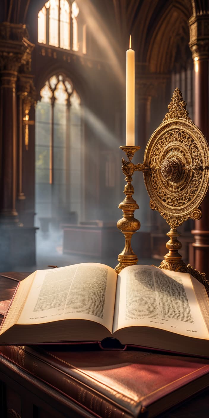  HDR photo of Book with open pages. On the altar. . High dynamic range, vivid, rich details, clear shadows and highlights, realistic, intense, enhanced contrast, highly detailed hyperrealistic, full body, detailed clothing, highly detailed, cinematic lighting, stunningly beautiful, intricate, sharp focus, f/1. 8, 85mm, (centered image composition), (professionally color graded), ((bright soft diffused light)), volumetric fog, trending on instagram, trending on tumblr, HDR 4K, 8K