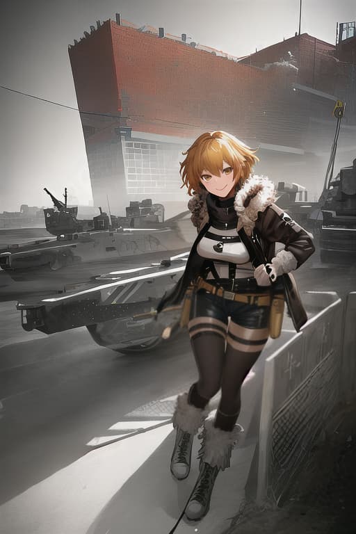  Hot pants, thigh tightening belts, fur with fur, tank top inner, boyish, big tits, short boots, brown skin, blonde short, smile, top from the thighs. hyperrealistic, full body, detailed clothing, highly detailed, cinematic lighting, stunningly beautiful, intricate, sharp focus, f/1. 8, 85mm, (centered image composition), (professionally color graded), ((bright soft diffused light)), volumetric fog, trending on instagram, trending on tumblr, HDR 4K, 8K
