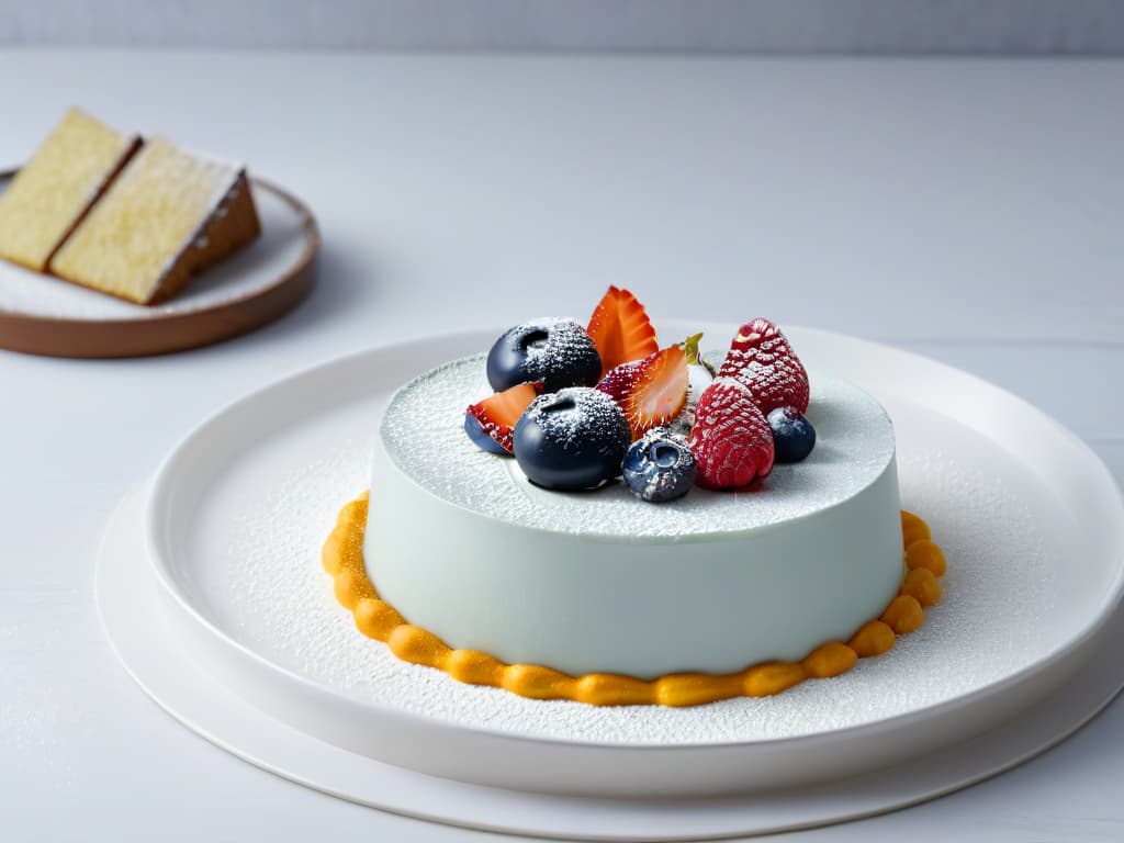  An 8k ultradetailed image of a beautifully crafted dessert that combines elements of Latin and Asian cuisine, showcasing intricate layers of flavors and textures. The dessert is elegantly plated on a minimalist white dish, with vibrant colors and delicate garnishes that highlight the fusion of the two culinary worlds. The lighting is soft and diffused, enhancing the visual appeal of the dessert and creating a sense of sophistication and artistry. This image captures the essence of innovative preparation techniques and tantalizes the viewer's taste buds with its exquisite presentation. hyperrealistic, full body, detailed clothing, highly detailed, cinematic lighting, stunningly beautiful, intricate, sharp focus, f/1. 8, 85mm, (centered image composition), (professionally color graded), ((bright soft diffused light)), volumetric fog, trending on instagram, trending on tumblr, HDR 4K, 8K