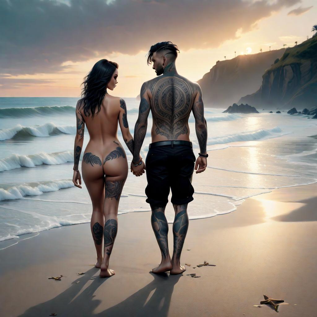  (best quality, masterpiece), (((high detail))), A handsome man with black tattoos and a cascading haircut holds hands with a model and they both walk on the beach facing the sunset by the beach when the waves touch them and see only the angle of their backs