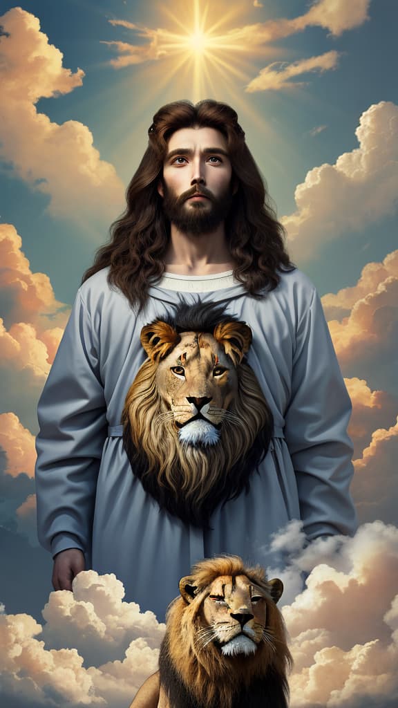  masterpiece, best quality, Cross with Jesus and lion, clouds are surrounding