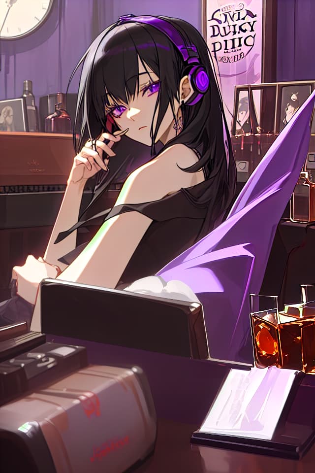  Listening to music, beautiful older sister, black hair, purple eyes, whiskey