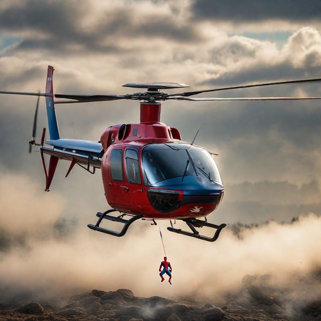  a big blue helicopter with a star sign flying in the sky and pulling down a small red spiderman helicoper. hyperrealistic, full body, detailed clothing, highly detailed, cinematic lighting, stunningly beautiful, intricate, sharp focus, f/1. 8, 85mm, (centered image composition), (professionally color graded), ((bright soft diffused light)), volumetric fog, trending on instagram, trending on tumblr, HDR 4K, 8K