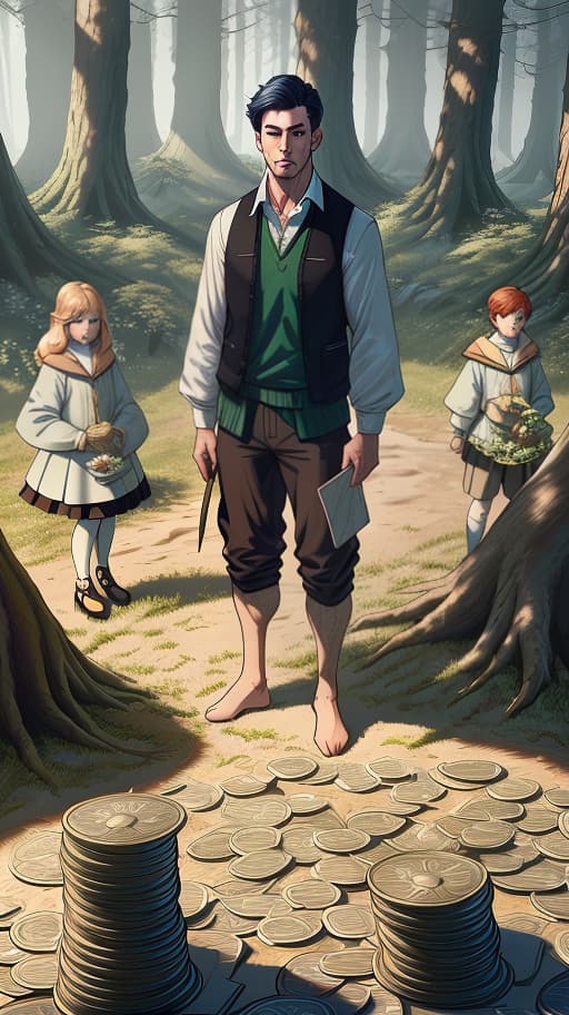  A drawing of children holding pieces of paper money and standing on top of piles of coins, next to a tree growing with money instead of leaves., Overland fantasy woodland map, such as a map, a font that is modern and easy to read hyperrealistic, full body, detailed clothing, highly detailed, cinematic lighting, stunningly beautiful, intricate, sharp focus, f/1. 8, 85mm, (centered image composition), (professionally color graded), ((bright soft diffused light)), volumetric fog, trending on instagram, trending on tumblr, HDR 4K, 8K