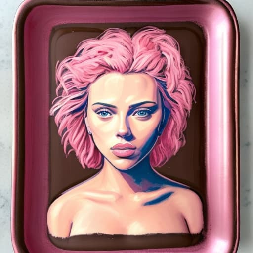  Scarlett Johansson (naked)(pink cheeks)(pink cheeks)(Superrealism)(painted in the style of Édouard Manet)(fine dark chocolates on a small plate on a serving tray)