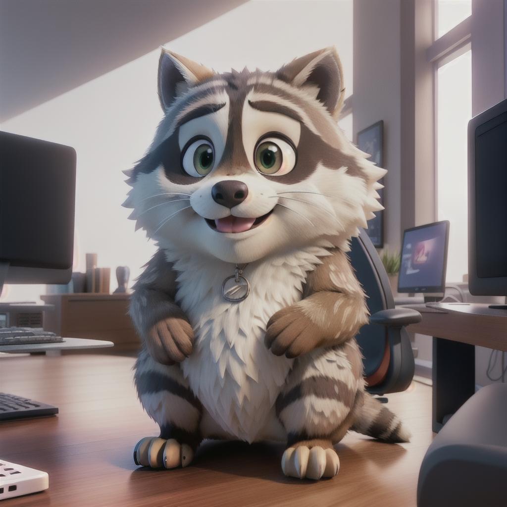  raccoon sitting in gaming chair front a computer on desktop, ((semi anthropomorphic)),(full body), tail, belly, sitting, fat, (chubby), (((white background))), solo, desktop, gaming chair, side view,  [[[clothes]]] hyperrealistic, full body, detailed clothing, highly detailed, cinematic lighting, stunningly beautiful, intricate, sharp focus, f/1. 8, 85mm, (centered image composition), (professionally color graded), ((bright soft diffused light)), volumetric fog, trending on instagram, trending on tumblr, HDR 4K, 8K