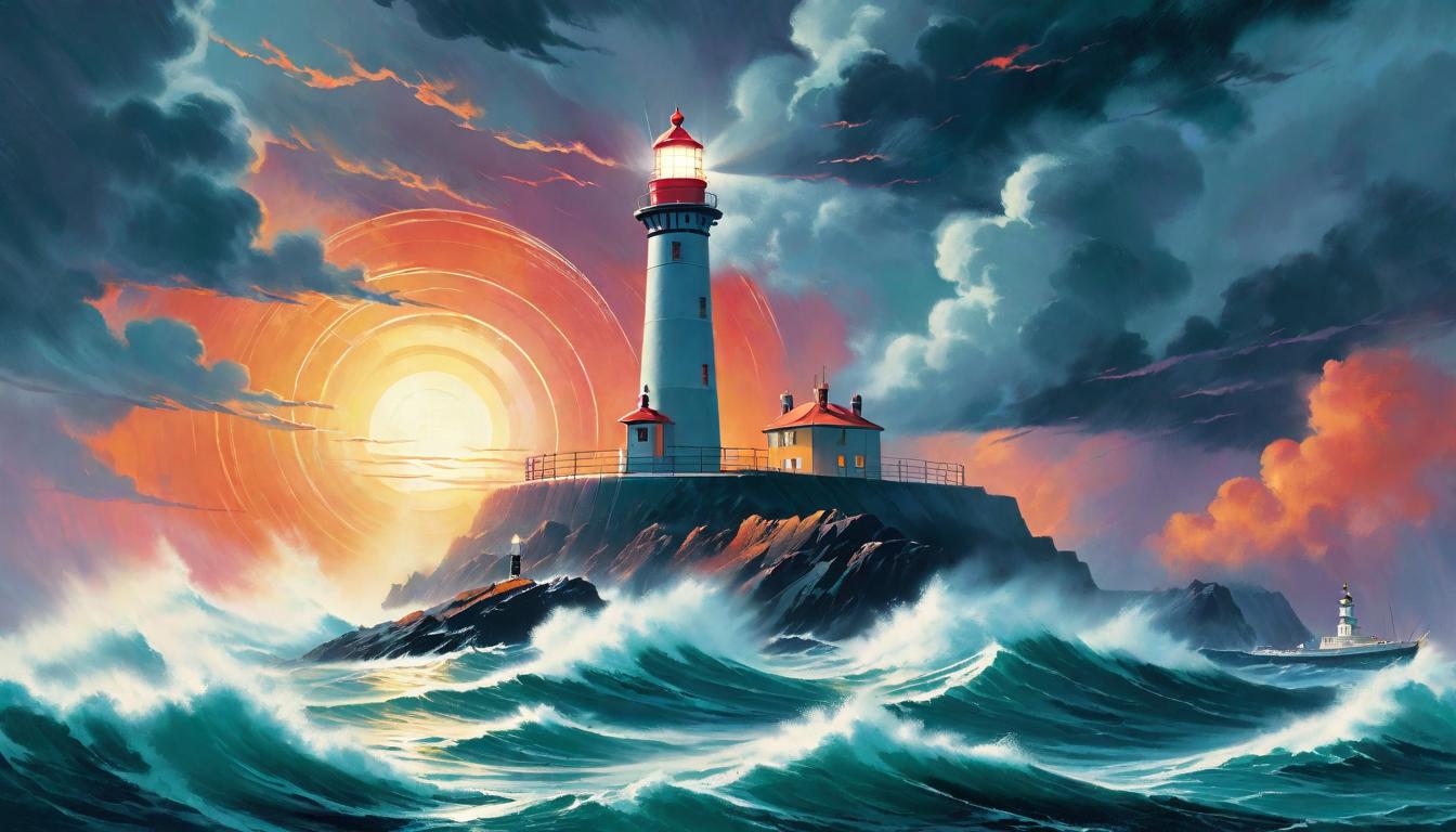  retro futuristic A lighthouse standing firm, its beam cutting through fog, guiding ships through stormy seas to safe harbor, Navigating, life changing, hopeful lvintage sci fi, 50s and 60s style, atomic age, vibrant, highly detailed