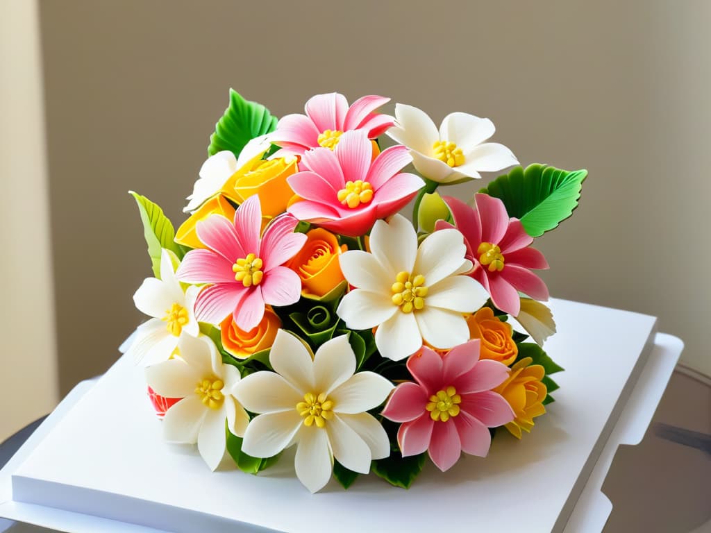  A highresolution, ultradetailed image of a delicate, intricate sugar flower bouquet created entirely through 3D printing technology. The bouquet features a variety of realisticlooking flowers in vibrant colors, showcasing the precision and artistry achievable with 3D printing in the realm of pastry decoration. Each petal and leaf is meticulously crafted, highlighting the fusion of technology and creativity in modern culinary arts. hyperrealistic, full body, detailed clothing, highly detailed, cinematic lighting, stunningly beautiful, intricate, sharp focus, f/1. 8, 85mm, (centered image composition), (professionally color graded), ((bright soft diffused light)), volumetric fog, trending on instagram, trending on tumblr, HDR 4K, 8K