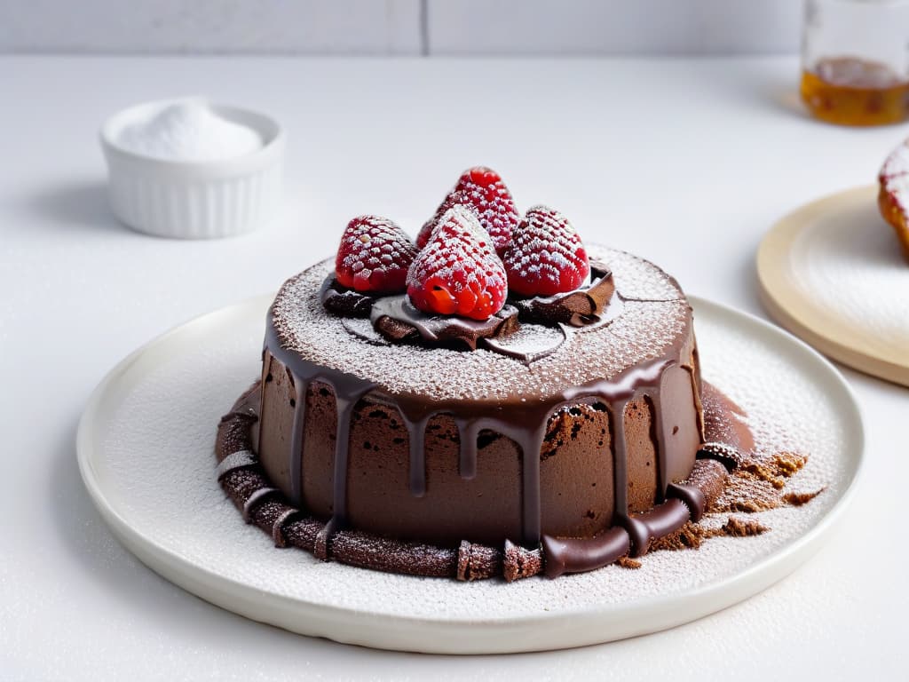  A closeup, ultradetailed image of a decadent vegan chocolate lava cake fresh out of the oven, with a rich, gooey center spilling out onto a sleek, modern plate. The cake is garnished with a dusting of powdered sugar and a few vibrant raspberries on the side, all set against a clean, white background that enhances the dessert's textures and colors. hyperrealistic, full body, detailed clothing, highly detailed, cinematic lighting, stunningly beautiful, intricate, sharp focus, f/1. 8, 85mm, (centered image composition), (professionally color graded), ((bright soft diffused light)), volumetric fog, trending on instagram, trending on tumblr, HDR 4K, 8K