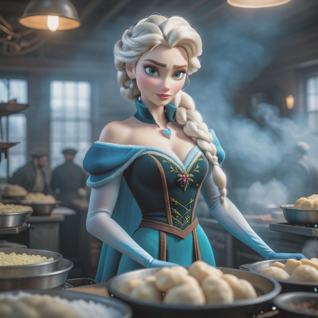  Elsa from the cold heart, makes dumplings hyperrealistic, full body, detailed clothing, highly detailed, cinematic lighting, stunningly beautiful, intricate, sharp focus, f/1. 8, 85mm, (centered image composition), (professionally color graded), ((bright soft diffused light)), volumetric fog, trending on instagram, trending on tumblr, HDR 4K, 8K