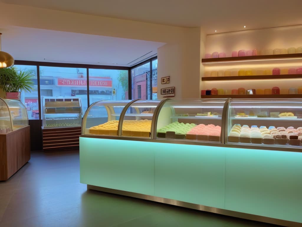  A highresolution, ultradetailed image of a sleek, modern ice cream parlor in Buenos Aires, showcasing a stunning display of artisanal ice cream flavors in elegant glass cases. The image features soft, pastel hues and minimalistic decor, with a focus on the intricate details of the colorful ice cream creations and the sophisticated ambiance of the shop. hyperrealistic, full body, detailed clothing, highly detailed, cinematic lighting, stunningly beautiful, intricate, sharp focus, f/1. 8, 85mm, (centered image composition), (professionally color graded), ((bright soft diffused light)), volumetric fog, trending on instagram, trending on tumblr, HDR 4K, 8K