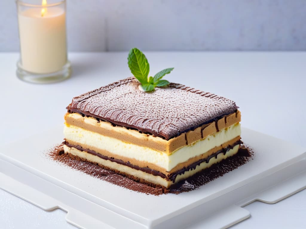  An image of a beautifully plated glutenfree tiramisu, showcasing intricate layers of glutenfree ladyfingers soaked in espresso and layered with creamy mascarpone cheese, dusted with cocoa powder, and garnished with fresh mint leaves. The dessert is elegantly presented on a white porcelain plate against a simple, modern backdrop, emphasizing the reinvention of this classic Italian treat for those with celiac disease. hyperrealistic, full body, detailed clothing, highly detailed, cinematic lighting, stunningly beautiful, intricate, sharp focus, f/1. 8, 85mm, (centered image composition), (professionally color graded), ((bright soft diffused light)), volumetric fog, trending on instagram, trending on tumblr, HDR 4K, 8K