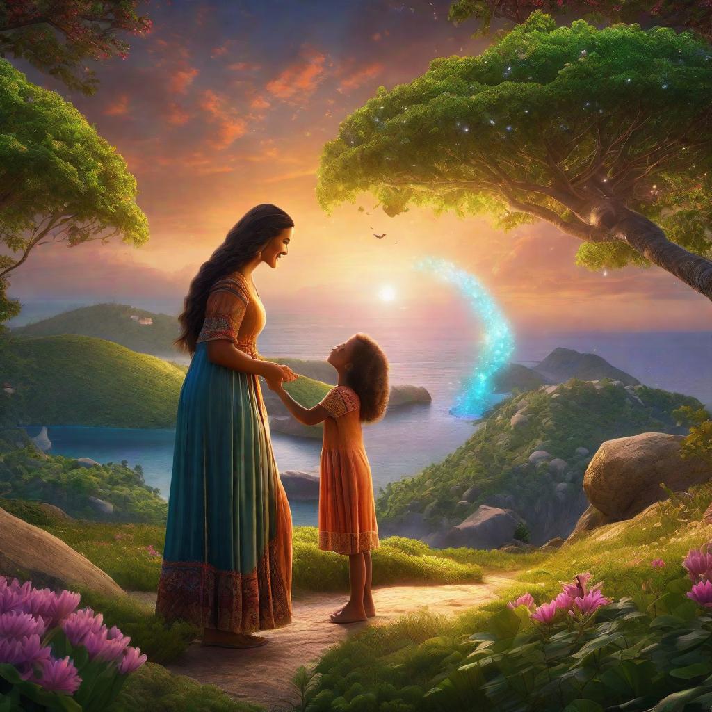  "A joyous mother and her child on a picturesque island, ready to make a wish with a brightly glowing stone they discovered, their eyes sparkling with happiness. However, they are faced with a challenge before they can use the stone."((masterpiece)), best quality, very detailed, high resolution, sharp, sharp image, extremely detailed, 4k, 8k, fairytale hyperrealistic, full body, detailed clothing, highly detailed, cinematic lighting, stunningly beautiful, intricate, sharp focus, f/1. 8, 85mm, (centered image composition), (professionally color graded), ((bright soft diffused light)), volumetric fog, trending on instagram, trending on tumblr, HDR 4K, 8K