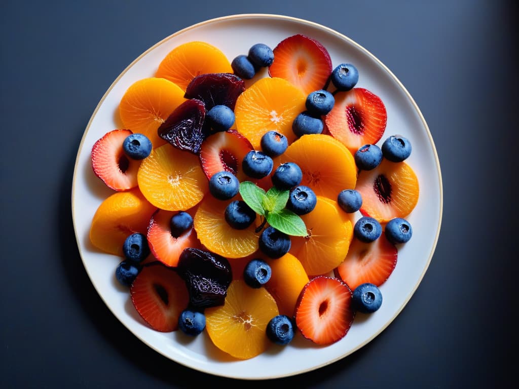  A highresolution, ultradetailed image of a variety of premium dried fruit slices arranged in a visually stunning and artistic pattern on a sleek, minimalist white plate. The fruits, including vibrant orange, deep purple, and rich red hues, are meticulously sliced to showcase their intricate patterns and textures, creating an elegant and appetizing display that exudes sophistication and quality. hyperrealistic, full body, detailed clothing, highly detailed, cinematic lighting, stunningly beautiful, intricate, sharp focus, f/1. 8, 85mm, (centered image composition), (professionally color graded), ((bright soft diffused light)), volumetric fog, trending on instagram, trending on tumblr, HDR 4K, 8K