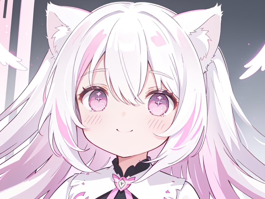  1 Girl, solo, white hair, hair tip dark pink, gradation, twosideup, long hair, angel, cat ears, smiles, masterpiece, best quality,8k,ultra detailed,high resolution,an extremely delicate and beautiful,hyper detail