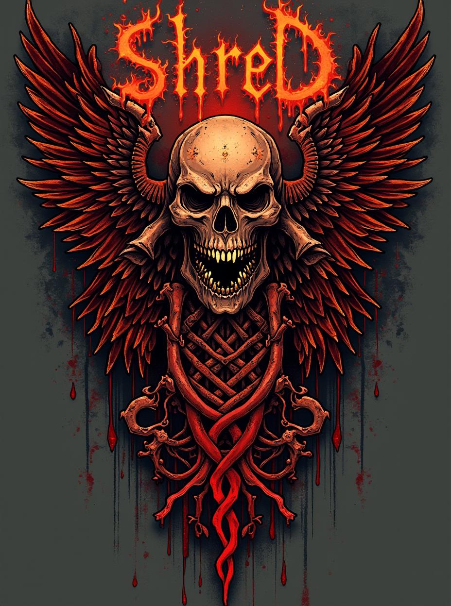  good quality, high quality, death metal shirt design. there are designs related to metal music. fire and abstract shapes. organs are strewn about. the letters "shred on top of the design