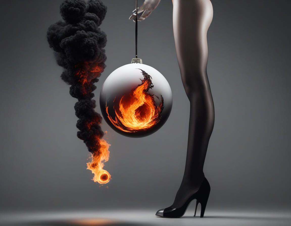  A fiery ball hung before a pretty scared girl's leg, the image divided into a left white and right black part. In the black part is the fiery ball, and in the white part is the girl. Mystery, fantasy. hyperrealistic, full body, detailed clothing, highly detailed, cinematic lighting, stunningly beautiful, intricate, sharp focus, f/1. 8, 85mm, (centered image composition), (professionally color graded), ((bright soft diffused light)), volumetric fog, trending on instagram, trending on tumblr, HDR 4K, 8K