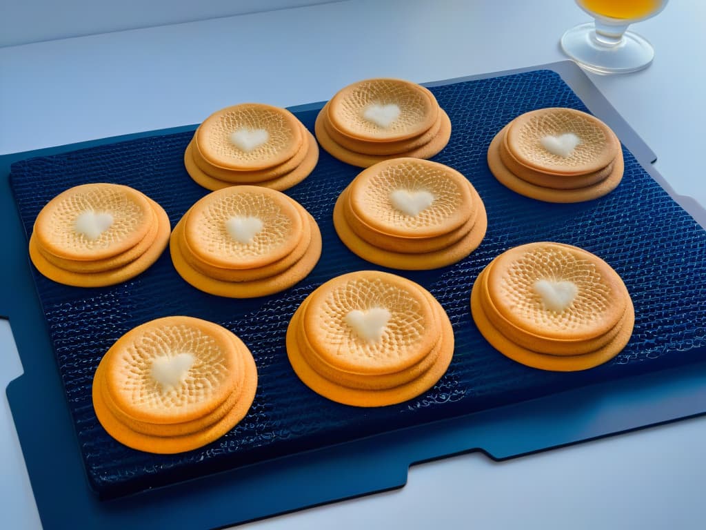  An ultradetailed closeup image showcasing the intricate pattern of perfectly baked cookies on a Silpat silicone baking mat, highlighting the even browning and crisp edges. hyperrealistic, full body, detailed clothing, highly detailed, cinematic lighting, stunningly beautiful, intricate, sharp focus, f/1. 8, 85mm, (centered image composition), (professionally color graded), ((bright soft diffused light)), volumetric fog, trending on instagram, trending on tumblr, HDR 4K, 8K