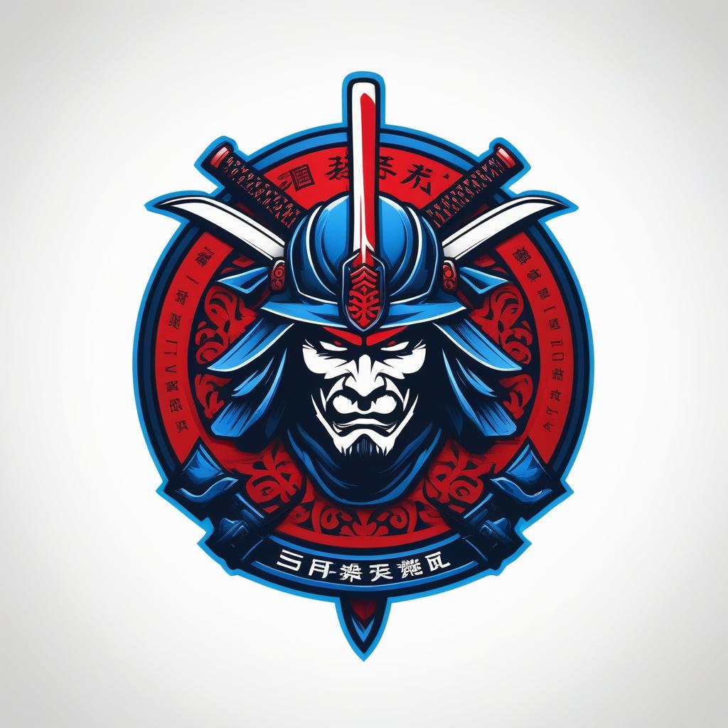  Emblem logo, with the written text “BLADE”, samurai theme, red and blue.
