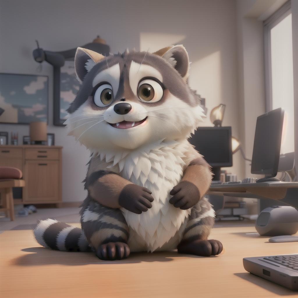  raccoon sitting in gaming chair front a computer on desktop, ((semi anthropomorphic)),(full body), tail, belly, sitting, fat, (chubby), (((white background))), solo, desktop, gaming chair, side view,  [[[clothes]]] hyperrealistic, full body, detailed clothing, highly detailed, cinematic lighting, stunningly beautiful, intricate, sharp focus, f/1. 8, 85mm, (centered image composition), (professionally color graded), ((bright soft diffused light)), volumetric fog, trending on instagram, trending on tumblr, HDR 4K, 8K