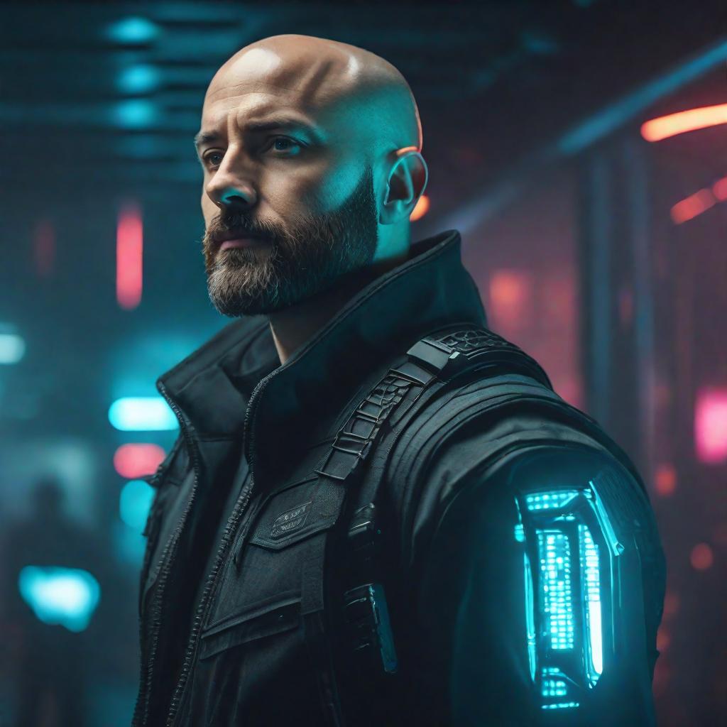  bald handsome man with a beard in a cyberpunk suit, cute, hyper detail, full HD hyperrealistic, full body, detailed clothing, highly detailed, cinematic lighting, stunningly beautiful, intricate, sharp focus, f/1. 8, 85mm, (centered image composition), (professionally color graded), ((bright soft diffused light)), volumetric fog, trending on instagram, trending on tumblr, HDR 4K, 8K