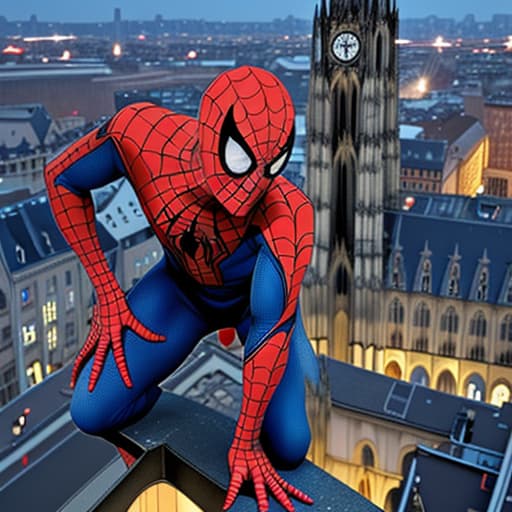  Spider-man standing on top of the Cologne Cathedral at midnight