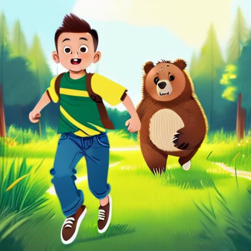  a boy with short hair and brown shirt and blue jeans running, a bear chasing, in green grass field