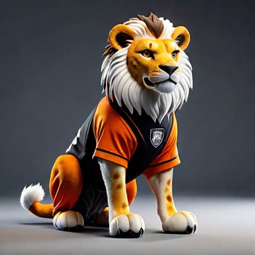  A mascot of a soccer academy that is an imaginary creature that combines the freedom of an eagle, the strength of a lion, the agility of a cheetah, and the friendliness of a dog, standing out in the colors orange, black, and white. hyperrealistic, full body, detailed clothing, highly detailed, cinematic lighting, stunningly beautiful, intricate, sharp focus, f/1. 8, 85mm, (centered image composition), (professionally color graded), ((bright soft diffused light)), volumetric fog, trending on instagram, trending on tumblr, HDR 4K, 8K