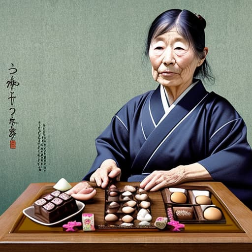  2 old Japanese , on a table with fine chocolates on her body. Background is a Japanese restaurant. style of Edgar degas