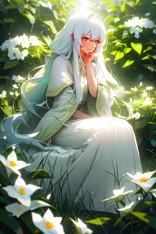  (masterpiece, best quality),1girl with long white hair sitting in a field of green plants and flowers, her hand under her chin, warm lighting, white dress, blurry foreground hyperrealistic, full body, detailed clothing, highly detailed, cinematic lighting, stunningly beautiful, intricate, sharp focus, f/1. 8, 85mm, (centered image composition), (professionally color graded), ((bright soft diffused light)), volumetric fog, trending on instagram, trending on tumblr, HDR 4K, 8K