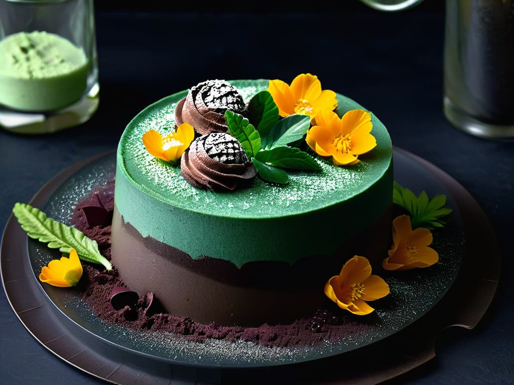  An ultradetailed image of a beautifully plated dessert featuring a rich, dark chocolate spirulina mousse topped with delicate spirulinainfused edible flowers and a dusting of vibrant green spirulina powder. The dessert is elegantly presented on a sleek, minimalist white plate, set against a matte black backdrop to enhance the vivid colors and textures of the dish. The mousse is perfectly smooth and glossy, with light reflecting off its surface, showcasing the luxurious quality of the dessert. This visually stunning image captures the essence of incorporating spirulina into delectable and nutritious desserts, appealing to both the eye and the palate. hyperrealistic, full body, detailed clothing, highly detailed, cinematic lighting, stunningly beautiful, intricate, sharp focus, f/1. 8, 85mm, (centered image composition), (professionally color graded), ((bright soft diffused light)), volumetric fog, trending on instagram, trending on tumblr, HDR 4K, 8K