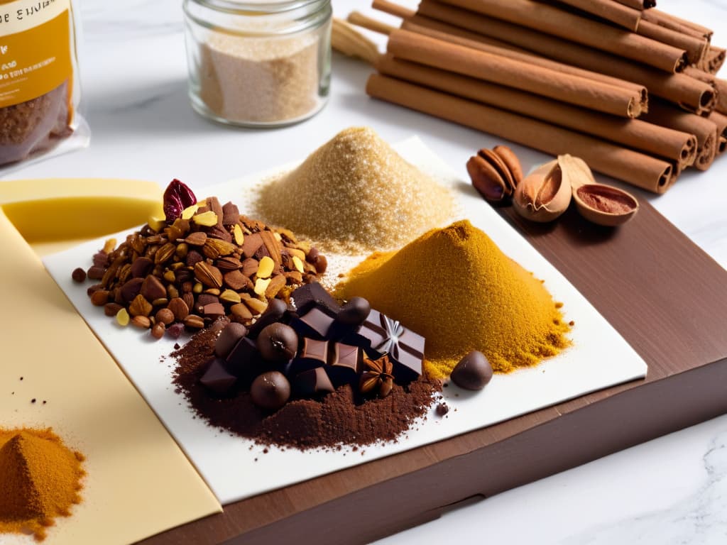  A closeup, ultradetailed image of a variety of fair trade baking ingredients arranged neatly on a sleek, minimalist white marble countertop. The assortment includes rich dark chocolate chunks, golden raw cane sugar crystals, plump dried cranberries, whole vanilla beans, and fragrant ground cinnamon in stylish, modern packaging. Each item is meticulously placed to showcase its unique texture and color, with soft natural light casting delicate shadows, enhancing the image's depth and sophistication. hyperrealistic, full body, detailed clothing, highly detailed, cinematic lighting, stunningly beautiful, intricate, sharp focus, f/1. 8, 85mm, (centered image composition), (professionally color graded), ((bright soft diffused light)), volumetric fog, trending on instagram, trending on tumblr, HDR 4K, 8K