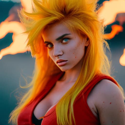 analog style Female super sayan, red goku kostüm. Perfekt body. Sayan hair, fire eyes, fire hands, high quality resolution hd