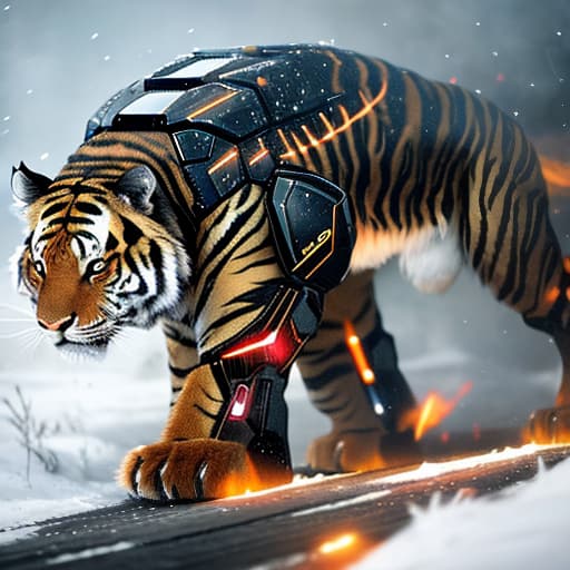  A robotic tiger with glowing eyes and metallic fur. hyperrealistic, full body, detailed clothing, highly detailed, cinematic lighting, stunningly beautiful, intricate, sharp focus, f/1. 8, 85mm, (centered image composition), (professionally color graded), ((bright soft diffused light)), volumetric fog, trending on instagram, trending on tumblr, HDR 4K, 8K