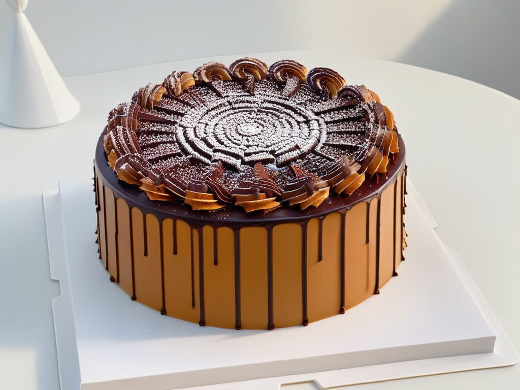  An ultradetailed, minimalist image of a perfectly symmetrical Dobos Torte, intricately layered with rich chocolate ganache and topped with delicate caramel decorations, set against a stark white backdrop to emphasize its elegant and traditional Hungarian craftsmanship. hyperrealistic, full body, detailed clothing, highly detailed, cinematic lighting, stunningly beautiful, intricate, sharp focus, f/1. 8, 85mm, (centered image composition), (professionally color graded), ((bright soft diffused light)), volumetric fog, trending on instagram, trending on tumblr, HDR 4K, 8K