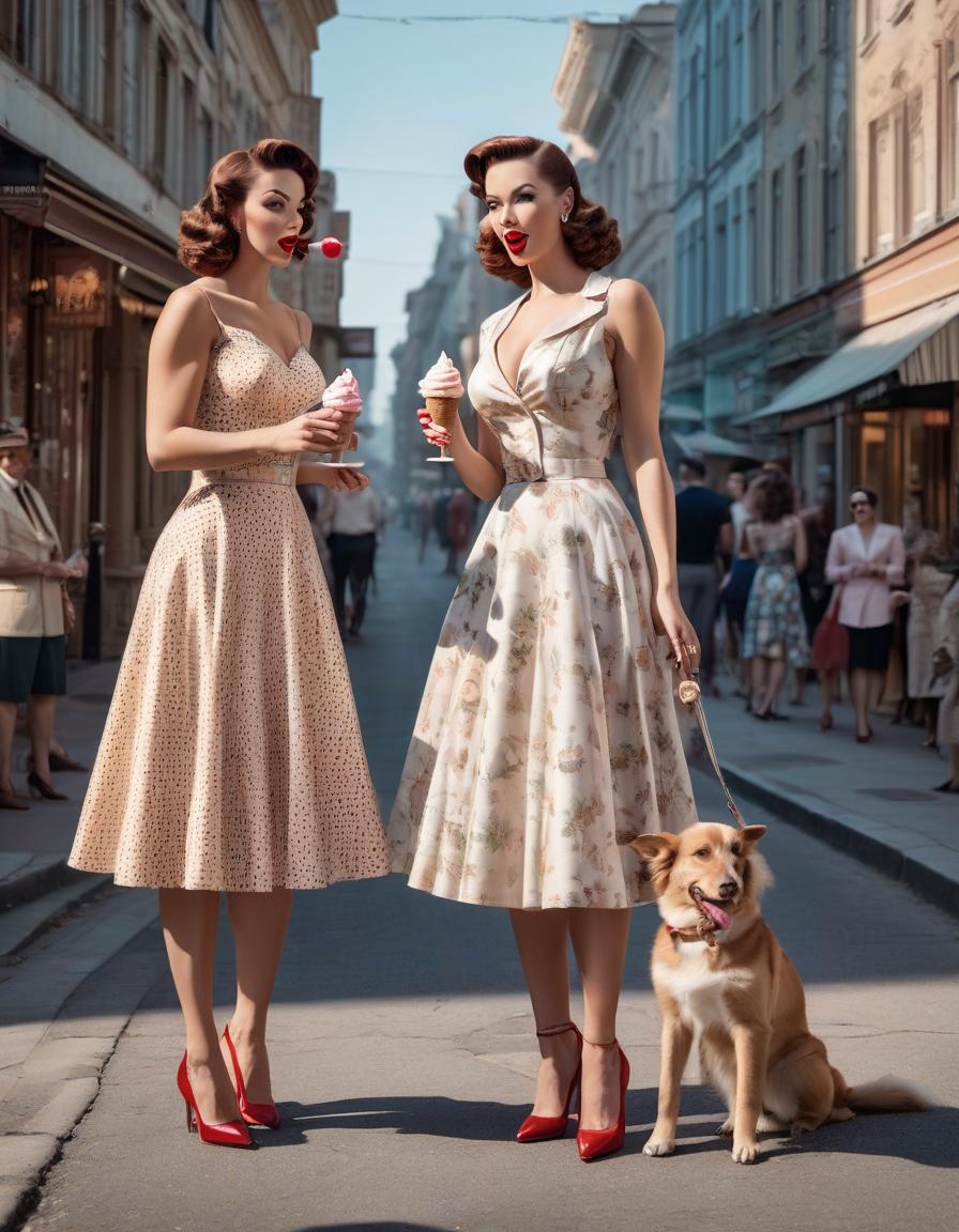  Two Girls in pin up style, in elegant dresses, 1950s fashion, on the street, one girl brings ice cream to her mouth, the second girl leads a small dog on a leash hyperrealistic, full body, detailed clothing, highly detailed, cinematic lighting, stunningly beautiful, intricate, sharp focus, f/1. 8, 85mm, (centered image composition), (professionally color graded), ((bright soft diffused light)), volumetric fog, trending on instagram, trending on tumblr, HDR 4K, 8K