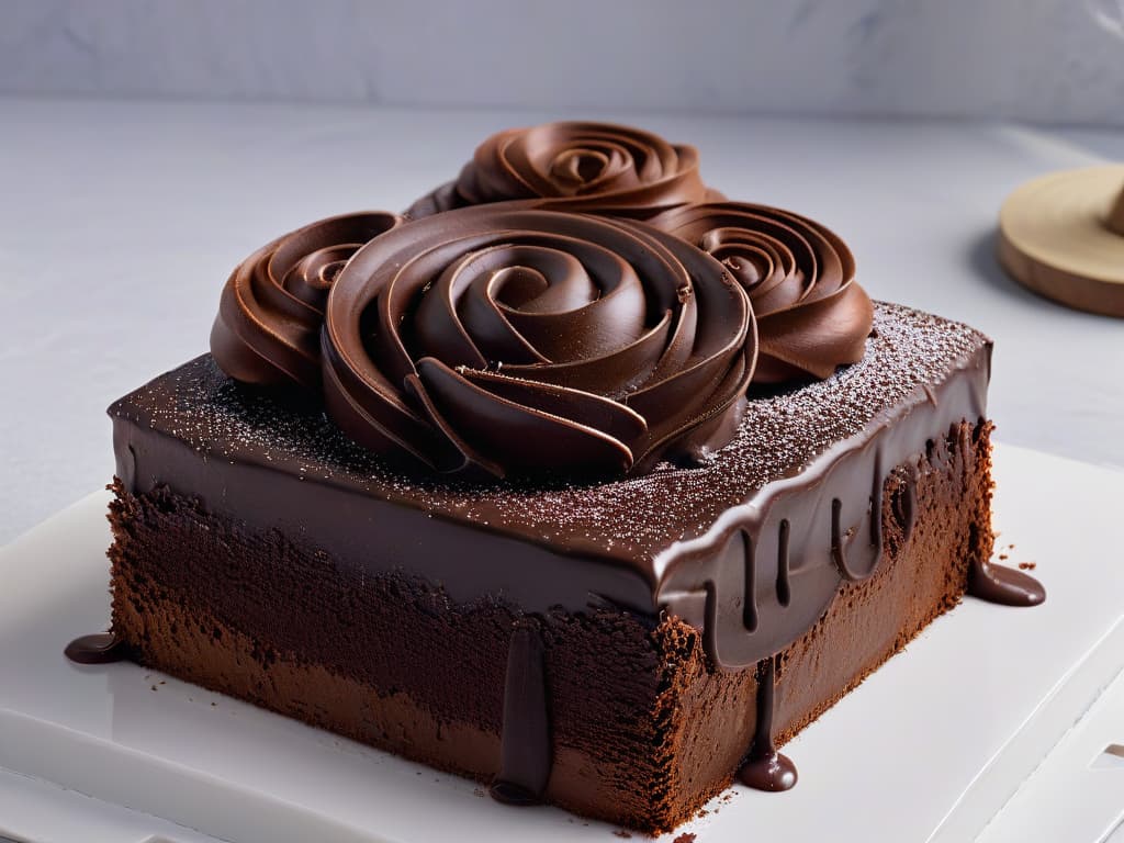  A closeup, ultradetailed image of a shiny, perfectly tempered chocolate curl delicately resting on a smooth, marble countertop. The rich brown hue of the chocolate contrasts elegantly with the cool, grey surface, emphasizing the importance of temperature control in pastry making. The intricate swirls and glossy texture of the curl highlight the precision and expertise required in achieving the ideal temperature for chocolate work, evoking a sense of sophistication and mastery in the art of pastry. hyperrealistic, full body, detailed clothing, highly detailed, cinematic lighting, stunningly beautiful, intricate, sharp focus, f/1. 8, 85mm, (centered image composition), (professionally color graded), ((bright soft diffused light)), volumetric fog, trending on instagram, trending on tumblr, HDR 4K, 8K