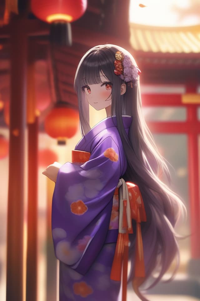  detailed,ultra detailed,hyper detailed,insanely detailed,high quality,highres,absurdres,a girl,a tiger,sleepy,walking,looking to the side,absurdly long hair,very long hair,hime cut,black hair,gradient hair,purple hair,purple eyes,eyes half closed,fair skin,short,slim,kimono,hakama,japanese clothes,gold background,orange background,yellow background,with a shrine,with a flower,at dusk,beautiful,mystical atmosphere,full body shot,from side,dutch angle shot,ground level shot,wide view,in focus with blurred background