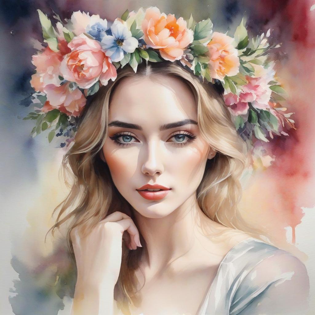  watercolor painting A watercolor painting of a young woman with a floral wreath on her head, featuring soft colors and a dreamy expression. . vibrant, beautiful, painterly, detailed, textural, artistic hyperrealistic, full body, detailed clothing, highly detailed, cinematic lighting, stunningly beautiful, intricate, sharp focus, f/1. 8, 85mm, (centered image composition), (professionally color graded), ((bright soft diffused light)), volumetric fog, trending on instagram, trending on tumblr, HDR 4K, 8K