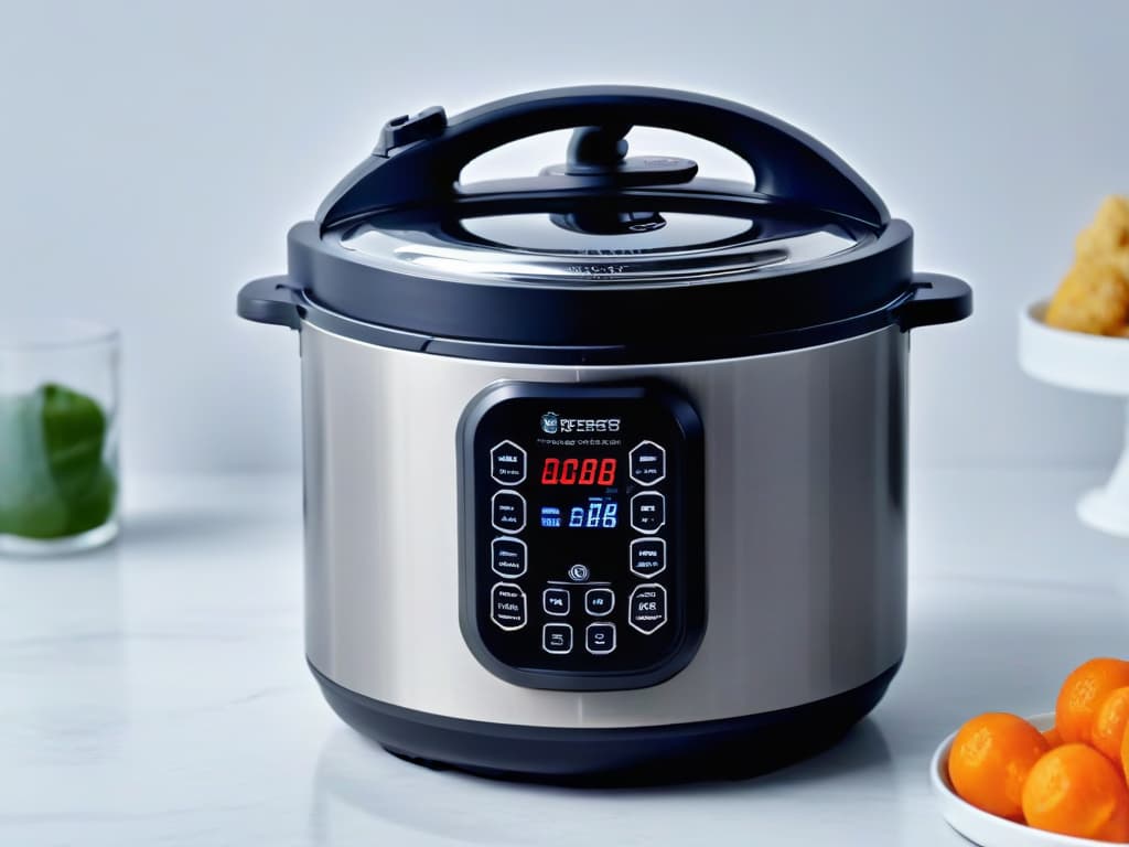  A closeup, ultradetailed image of a sleek, modern pressure cooker with a shiny stainless steel finish, sitting on a pristine white marble countertop. The pressure cooker is adorned with a small digital display showing a timer counting down, surrounded by various buttons and controls. The reflection of ambient light creates a soft glow on the surface of the pressure cooker, emphasizing its elegant design and hightech features. hyperrealistic, full body, detailed clothing, highly detailed, cinematic lighting, stunningly beautiful, intricate, sharp focus, f/1. 8, 85mm, (centered image composition), (professionally color graded), ((bright soft diffused light)), volumetric fog, trending on instagram, trending on tumblr, HDR 4K, 8K