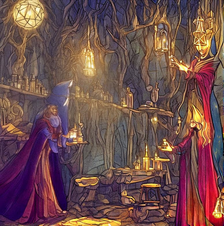  Merlin the back enchantress in his workshop pointed hat golden light bottles big dress stars in his hands