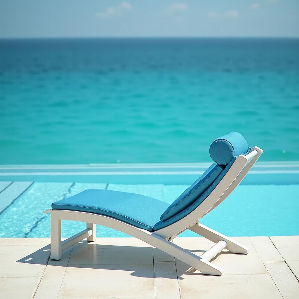  good quality, high quality, a blue lazy chair sits quietly by the sunny swimming pool.