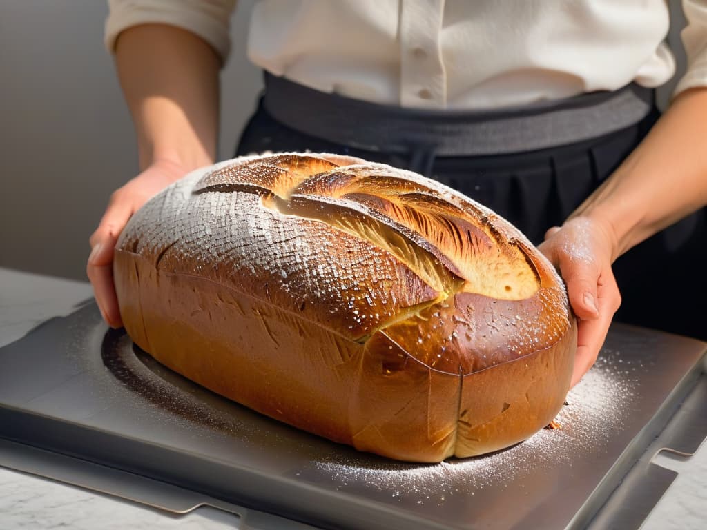  An ultradetailed image of a baker's hands gently shaping a fluffy, perfectly risen vegan sourdough loaf, showcasing the intricate patterns formed by the naturally occurring air pockets in the bread. The hands are adorned with delicate flour dusting, and the background is a clean, minimalist kitchen setting with soft natural lighting emphasizing the texture and details of the bread. hyperrealistic, full body, detailed clothing, highly detailed, cinematic lighting, stunningly beautiful, intricate, sharp focus, f/1. 8, 85mm, (centered image composition), (professionally color graded), ((bright soft diffused light)), volumetric fog, trending on instagram, trending on tumblr, HDR 4K, 8K