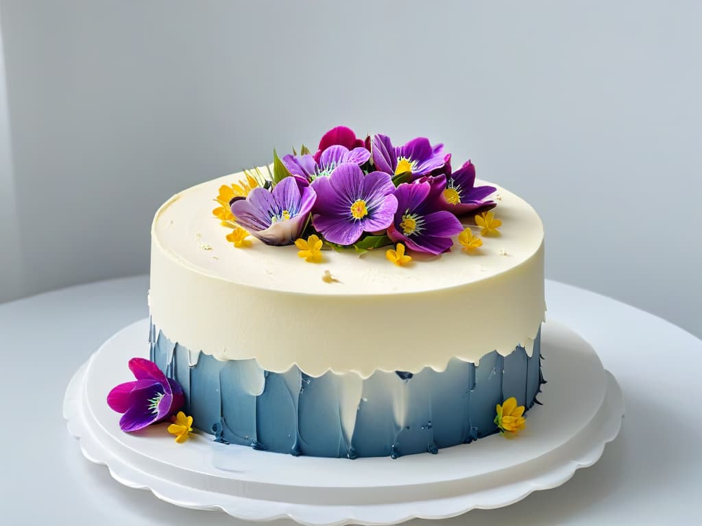  A closeup, ultradetailed image of a perfectly symmetrical, minimalist cake with intricate layers of sponge, smooth frosting, and delicate edible flowers cascading down one side. The cake sits on a sleek, marble cake stand against a clean, white background, showcasing the precision and artistry of experiential pastry retreats. hyperrealistic, full body, detailed clothing, highly detailed, cinematic lighting, stunningly beautiful, intricate, sharp focus, f/1. 8, 85mm, (centered image composition), (professionally color graded), ((bright soft diffused light)), volumetric fog, trending on instagram, trending on tumblr, HDR 4K, 8K