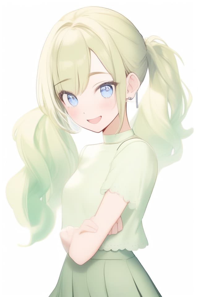  (ポニーテール)Gentle ilration style,heroine,masterpiece,,beautiful ,glossy straw colored hair,high ponytail,blue eyes,,slender,smiling {(off white )(round collar with scalloped ends)}(pale green flared )(top half up),high quality,8K,16K