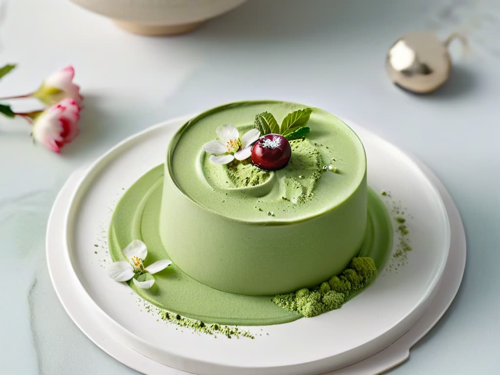  A highresolution image of a delicately crafted Japanese matcha green tea mousse dessert, elegantly presented on a simple white ceramic plate with a subtle handpainted cherry blossom motif in soft pink, accompanied by a single fresh cherry blossom placed beside it. The dessert is garnished with a precisely placed dusting of vibrant matcha powder, adding a pop of color to the serene composition. The focus is on the intricate layers of the mousse, showcasing its velvety texture and rich green hue, all set against a clean, unobtrusive background that enhances the minimalist aesthetic. hyperrealistic, full body, detailed clothing, highly detailed, cinematic lighting, stunningly beautiful, intricate, sharp focus, f/1. 8, 85mm, (centered image composition), (professionally color graded), ((bright soft diffused light)), volumetric fog, trending on instagram, trending on tumblr, HDR 4K, 8K