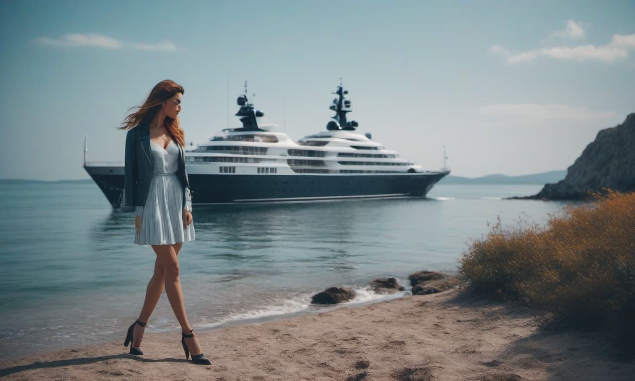  cinematic photo A beautiful girl by the seashore looks far at a yacht. . 35mm photograph, film, bokeh, professional, 4k, highly detailed hyperrealistic, full body, detailed clothing, highly detailed, cinematic lighting, stunningly beautiful, intricate, sharp focus, f/1. 8, 85mm, (centered image composition), (professionally color graded), ((bright soft diffused light)), volumetric fog, trending on instagram, trending on tumblr, HDR 4K, 8K