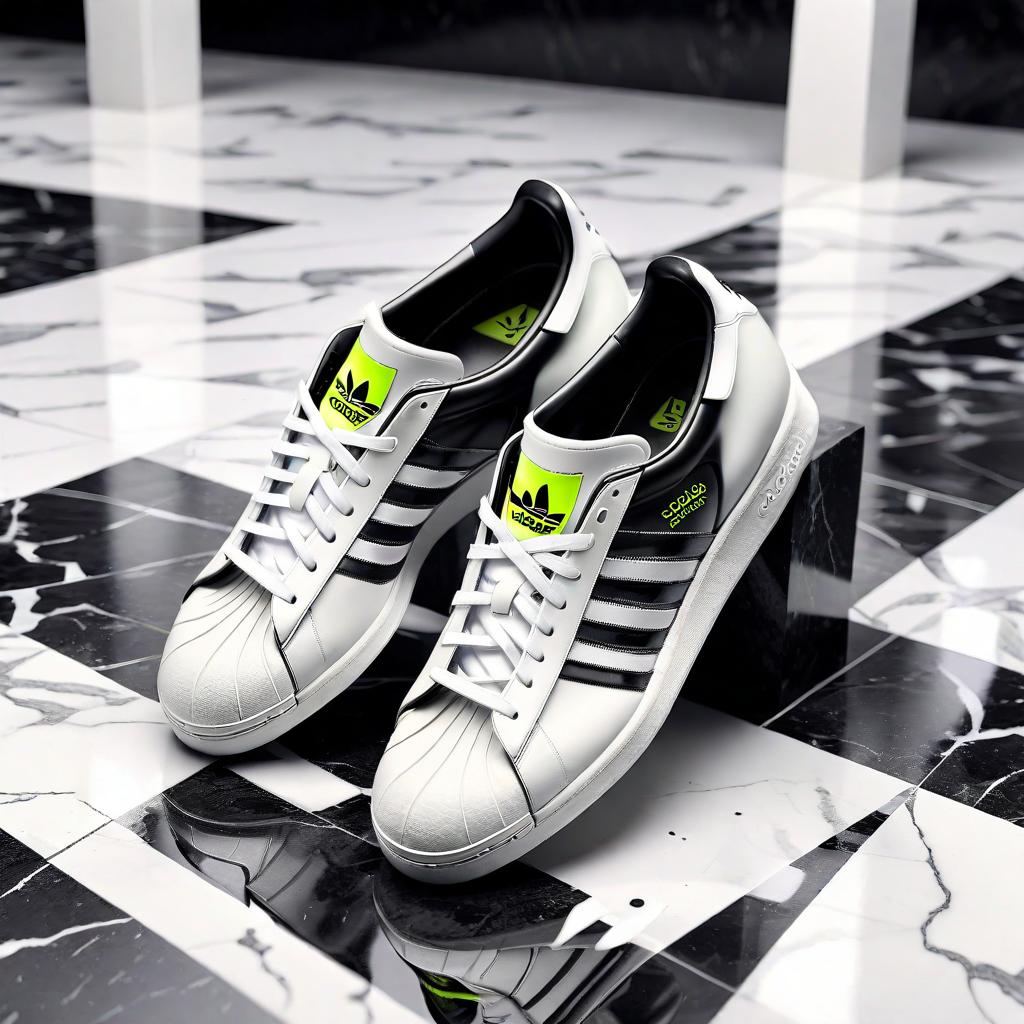  (best quality, masterpiece), (((high detail))), Adidas black and white shoes in a rare background and they stand on a cool black and white marble with lime white paint poured on it