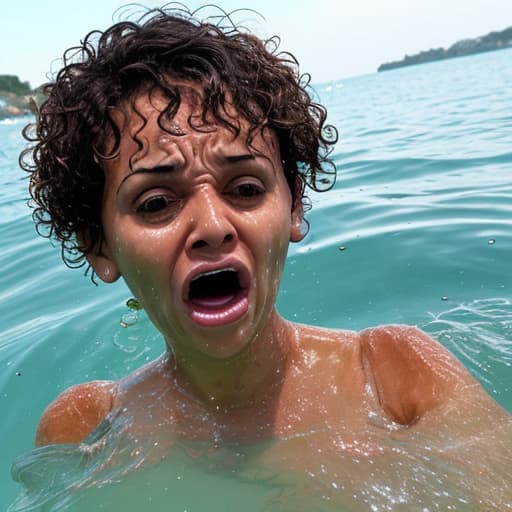  tanned woman with short and curly haircut is in the water up to her nose she's screaming and panic