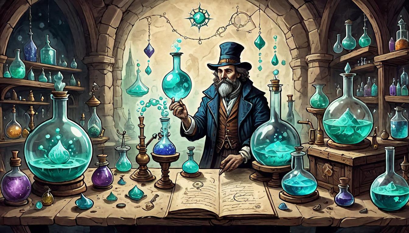  on parchment, surrealism+++, An alchemist’s lab filled with bubbling potions and glowing crystals, focal figure looking inspired, alchemical symbols etched into surfaces, experimental, innovative, focused(mysterious, provocative, symbolic,muted color)+++